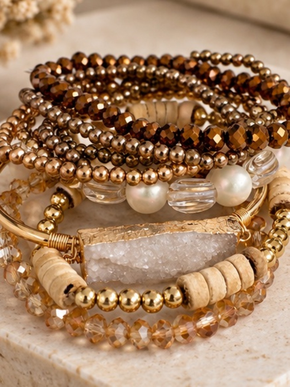 Boho Neutral Layered Bracelet Stack | Druzy + Mixed Beads